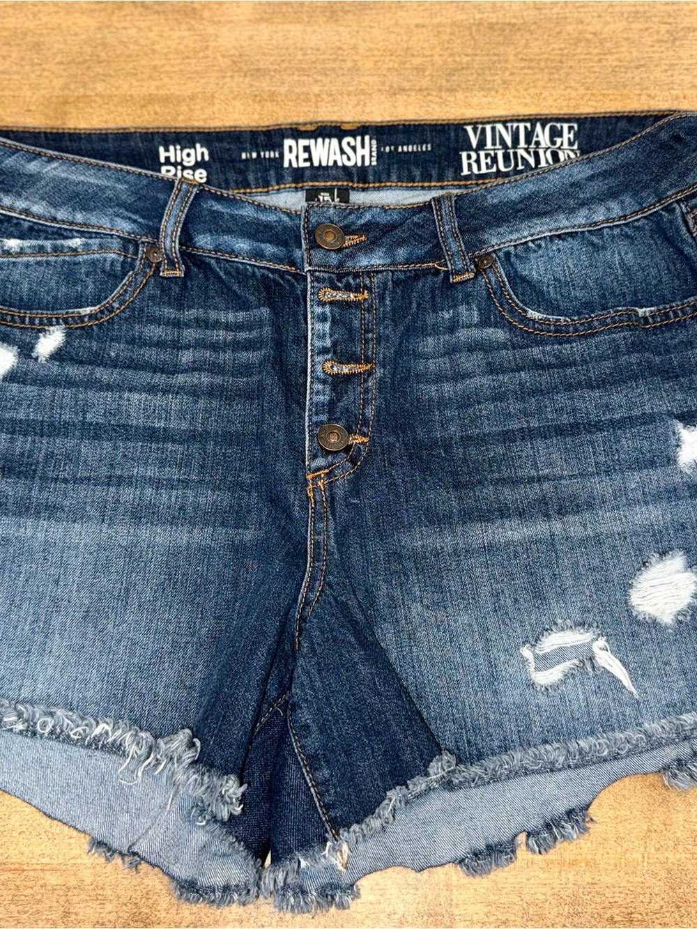 Rewash Distressed High-Rise Denim Shorts in Dark Blue